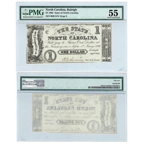 1862 $1 State of North Carolina Note Cr. 89 - PMG AU 55