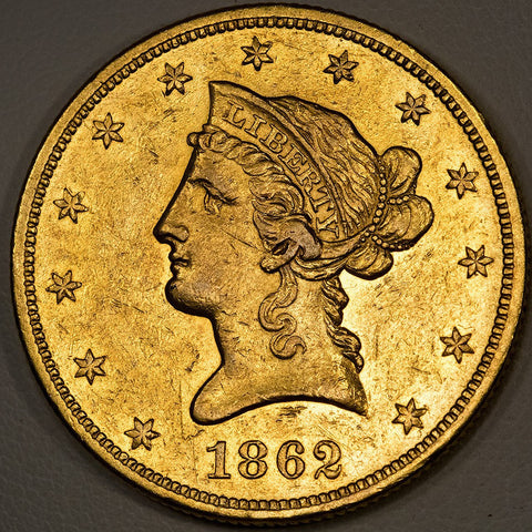 Scarce 1862 $10 Liberty Gold Coin ~ Mintage: 10,960 ~ About Uncirculated