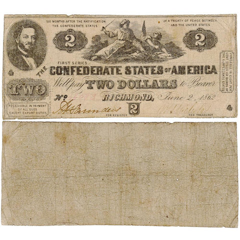 T-42 Jun. 2 1862 $2 Confederate States of America (C.S.A.) - Nice Very Good