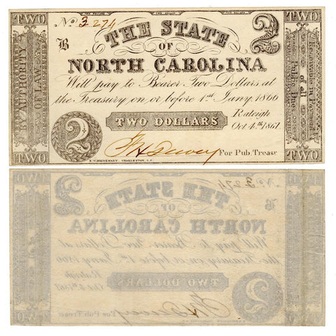 1861 $2 State of North Carolina Raleigh October 6th Cr. 22 - Crisp Uncirculated
