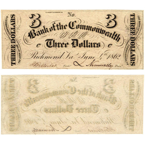 1862 $3 Bank of the Commonwealth, Virginia (Civil War Emergency Issue) - Crisp AU