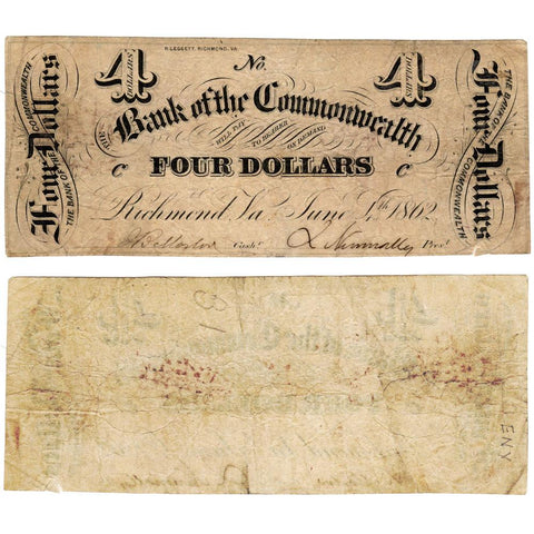 1862 $4 Bank of the Commonwealth, Virginia (Civil War Emergency Issue) - Fine