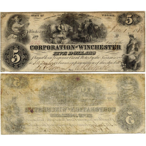 1862 $5 Corporation of Winchester, VA JL TW10-4 - Very Fine