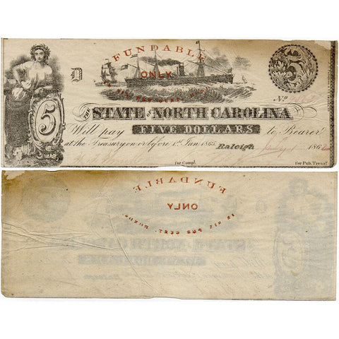 1862 $5 State of North Carolina Note Cr. 87 - Net Very Fine
