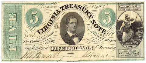 1862 $5 Virginia Treasury Note Cr.13 ~ Choice Very Fine