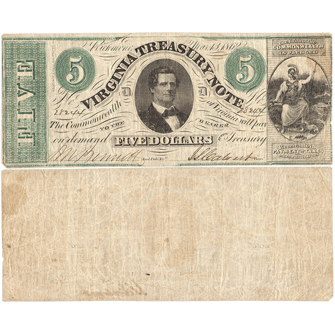 1862 $5 Virginia Treasury Note Cr.13 ~ Fine