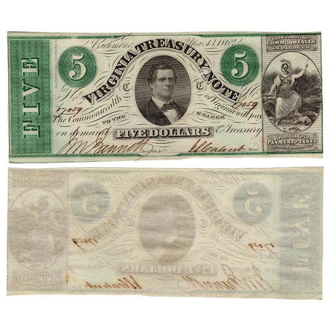 1862 $5 Virginia Treasury Note Cr.13 ~ Very Choice About Uncirculated