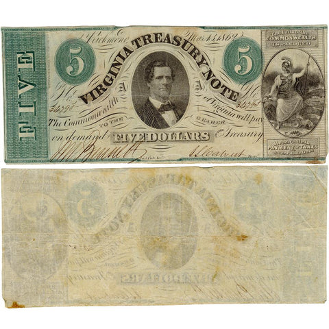 1862 $5 Virginia Treasury Note Cr.13 - Fine