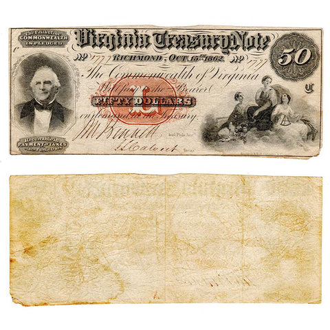 1862 $50 Virginia Treasury Note Cr.7 ~ Choice Fine