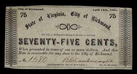1862 75¢ City of Richmond, Virginia ~ Choice Crisp Uncirculated