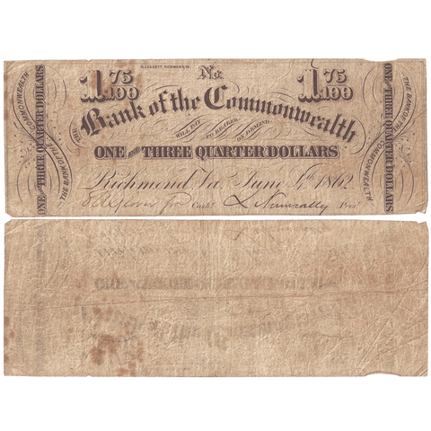 1862 $1.75 Bank of the Commonwealth, Virginia VA170-G28 - Fine