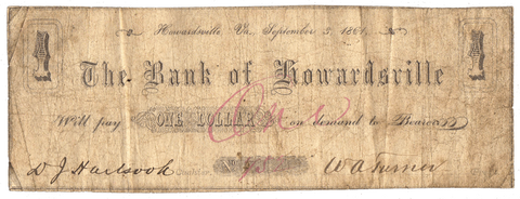 1861 $1 Bank of Howardsville, Virginia VA-105-G22a ~ Fine