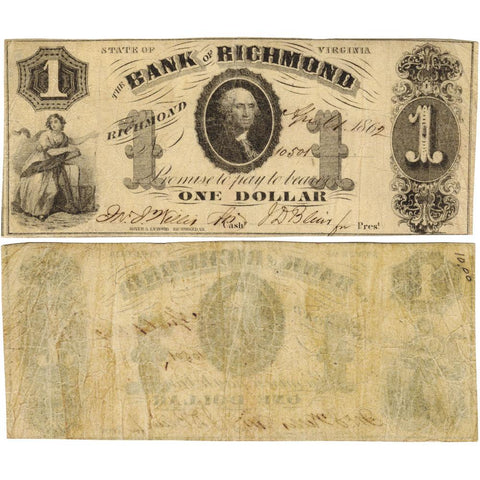 1862 $1 Bank of Richmond, Virginia (2nd) VA-191-G14 - Very Fine