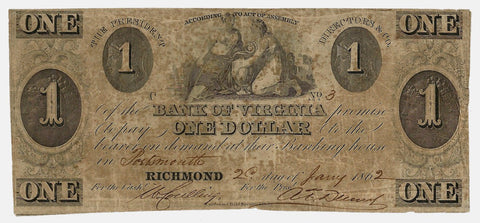 1862 Bank of Virginia (Portsmouth) $1 ~ Very Good