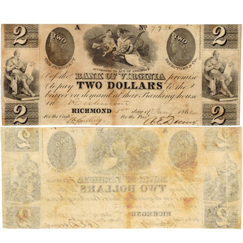 Jan 1, 1862 $2 Bank of Virginia, Richmond Branch - Very Fine