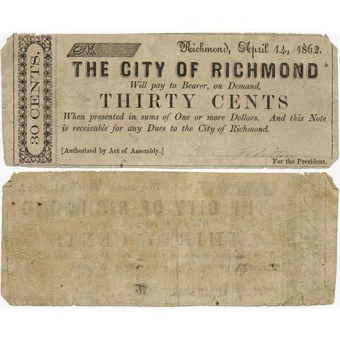 1862 30¢ City of Richmond, Virginia - Very Good