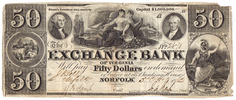 1862 $50 Exchange Bank of Virginia, Norfolk ~ VA-145-G11d ~ Net Fine