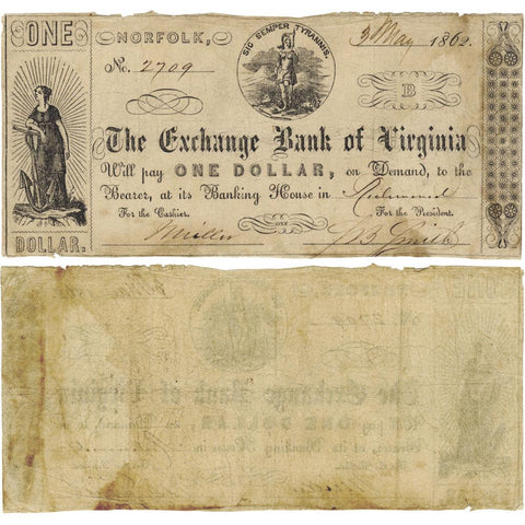 May 3, 1862 $1 Exchange Bank of Virginia, Norfolk (Payable Richmond) - Fine