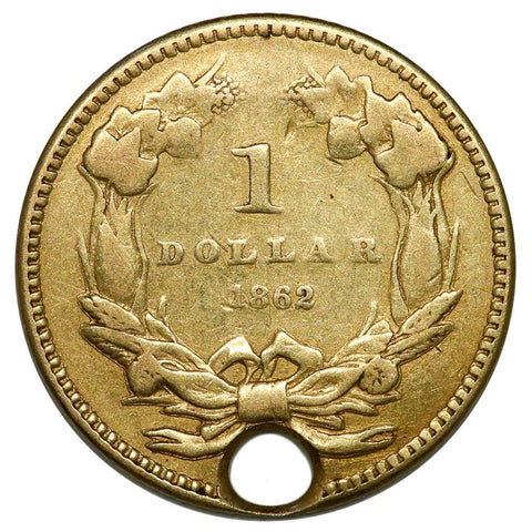1862 Type-3 Gold Dollar (Civil War Date) - Very Fine Detail (holed)