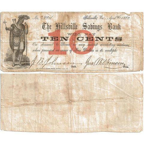 1862 Hillsville Savings Bank, Virginia 10¢ Note - Scarce - VG/F