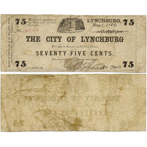 1862 75c City of Lynchburg Obsolete Bank Note - Very Good