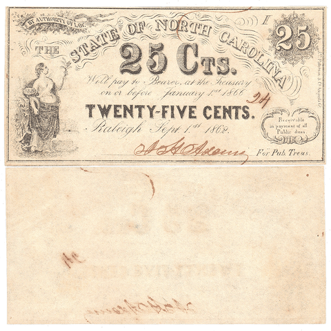 1862 25¢ State of North Carolina Fractional Note - Cr. 104A - Choice Uncirculated