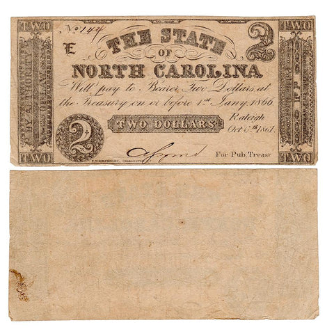 1861 $2 State of North Carolina Raleigh October 6th Cr. 22 - Fine