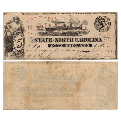 1862 $5 State of North Carolina Note Cr. 87 - Very Fine