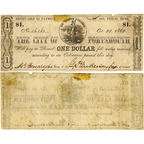 1862 $1 City of Portsmouth, VA Note Jones TP10-13 - Net Fine