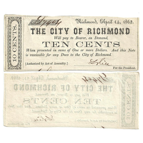 1862 10¢ City of Richmond, Virginia ~ Extremely Fine/About Uncirculated