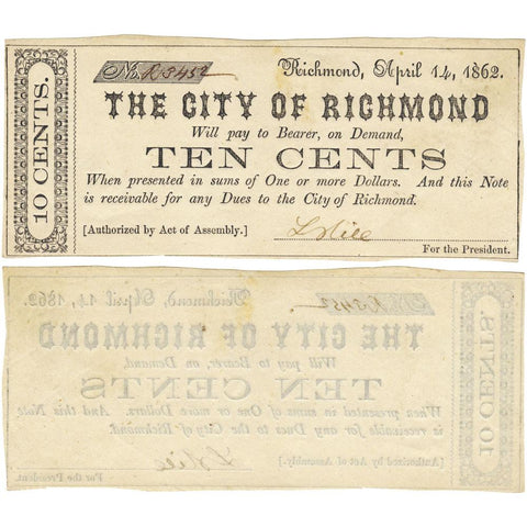 1862 10¢ City of Richmond, Virginia ~ Crisp Uncirculated (Amazing Embossing)