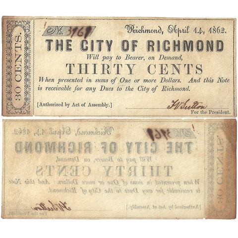 1862 30¢ City of Richmond, Virginia ~ Very Fine/Extremely Fine