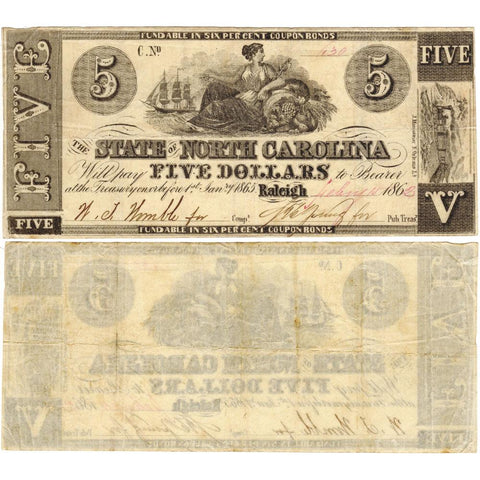 1862 $5 State of North Carolina Note - Cr. 86 - Very Fine