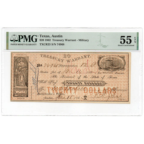 1862 $20 State of Texas Treasury Warrant Cr.23 - PMG AU 55 EPQ