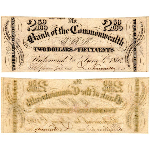 1862 $2.50 Bank of the Commonwealth, Virginia - Crisp Uncirculated