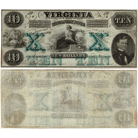 1862 $10 Virginia Treasury Note Cr. 10 [R9] (Watermarked FIVE) - Very Fine