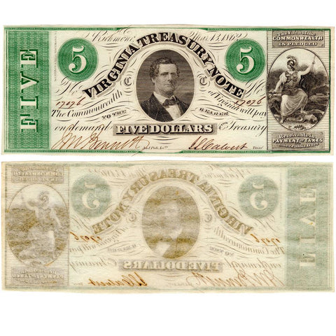 1862 $5 Virginia Treasury Note Cr.13 ~ Very Choice About Uncirculated