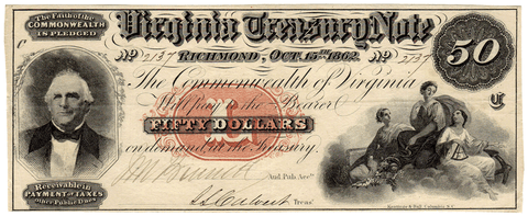 1862 $50 Virginia Treasury Note Cr.7 ~ Choice Very Fine