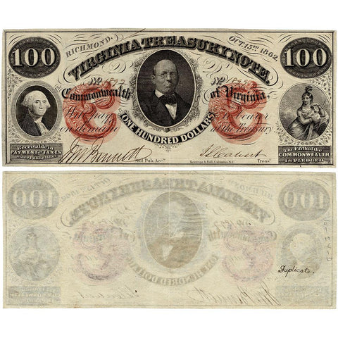 1862 $100 Virginia Treasury Note Cr.6 - About Uncirculated