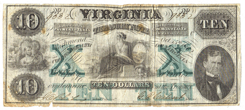 1862 $10 Virginia Treasury Note Cr.9 (Watermarked TEN) ~ Fine