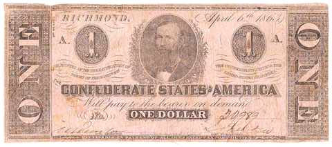 T-62 Apr. 6 1863 $1 Confederate States of America (C.S.A.) PF-10/Cr.478 ~ Fine/Very Fine