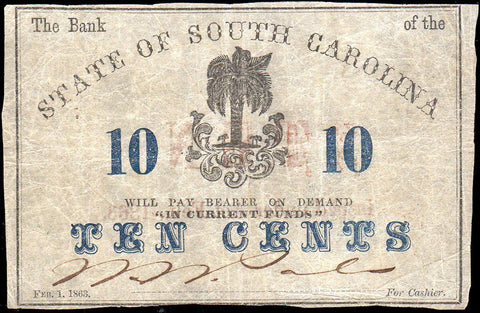 1863 10C Bank of the State of South Carolina Charleston - Very Fine