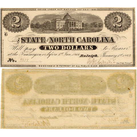 1863 $2 State of North Carolina Note - Cr. 131 - Crisp Uncirculated