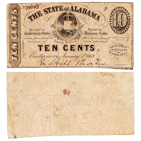 1863 10¢ State of Alabama Fractional Note Cr. 8 (R7) - Fine