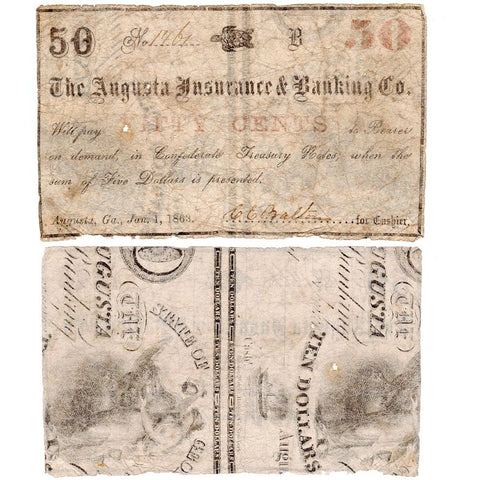 1863 50¢ Augusta Insurance and Banking Co Note, Georgia - Good/Very Good