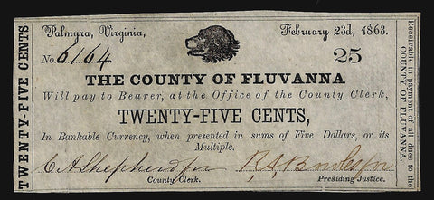 1863 25¢ County of Fluvanna, Palmyra, Virginia ~ Choice Crisp Uncirculated