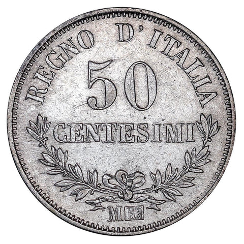 1863-MBN Italy Silver 50 Centesimi KM 14.1- About Uncirculated