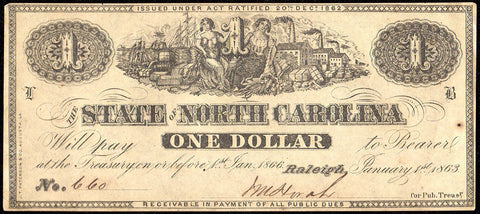 1863 $1 State of North Carolina Note - Cr. 133 - AU/UNC From Pack