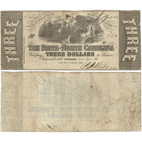1863 $3 State of North Carolina Note - Cr. 125 - Fine