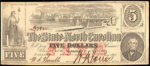 1863 $5 State of North Carolina Note - Cr. 123 - Choice About Uncirculated